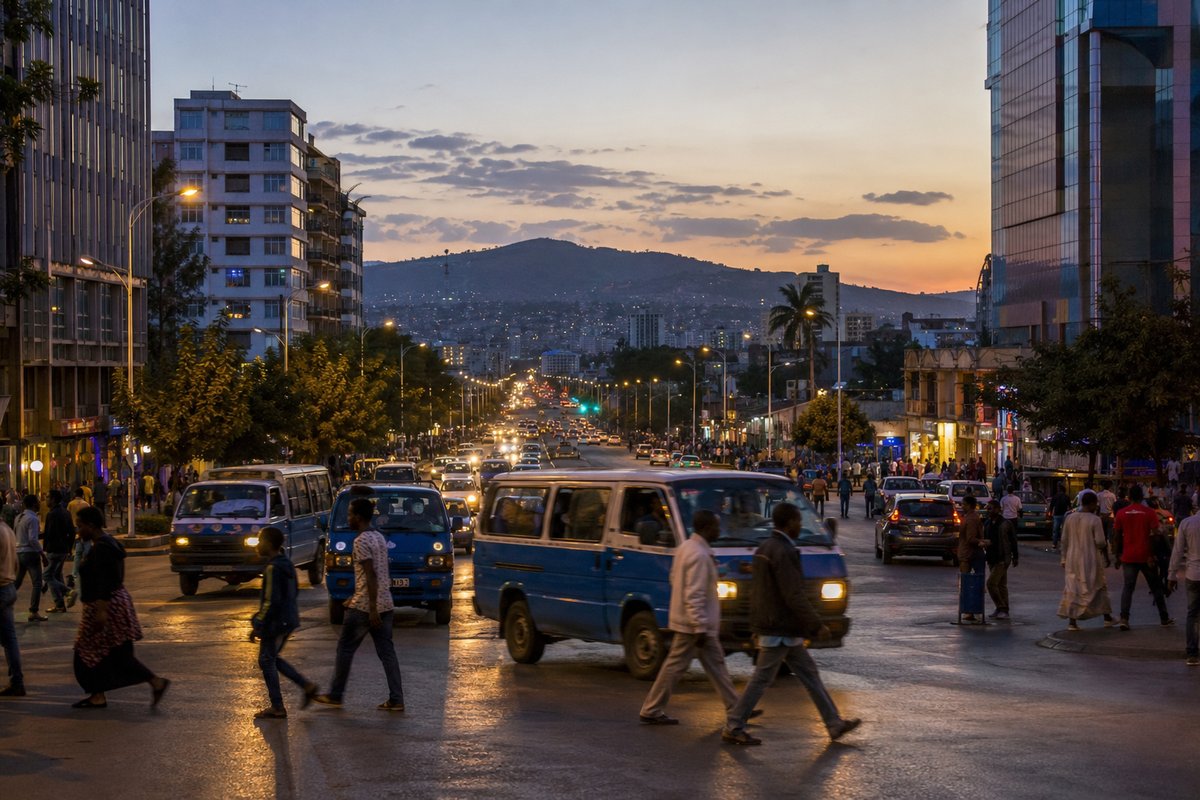 Evening rush hour on an avenue in Addis Ababa, Ethiopia