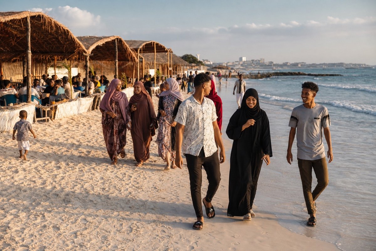 Familien beim Spaziergang am Lido-Strand von Mogadischu am späten Nachmittag