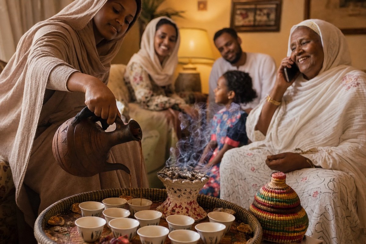 Sudansk familie deler kaffe fra jebenaen, en av dem snakker i telefonen