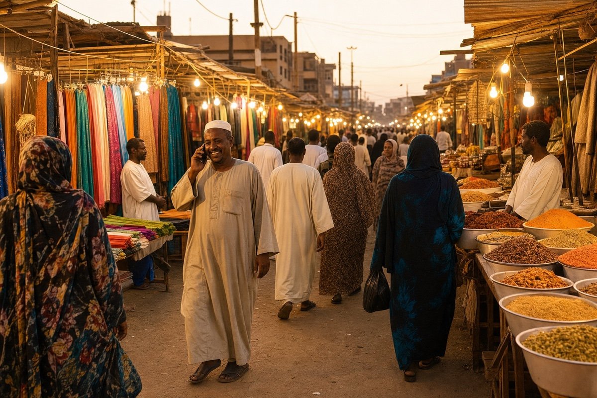 Markedsgate i Omdurman om kvelden, folk i telefonen