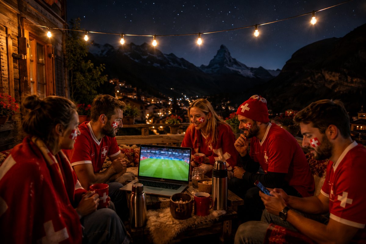 Schweizer Fans schauen das Nachtspiel in den Bergen