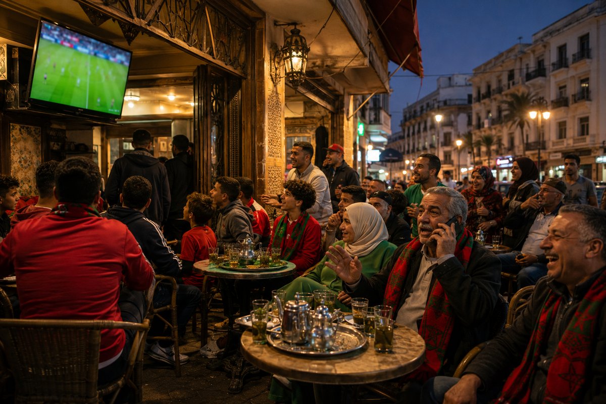 Marokkansk familie og venner ser kampen på en café i Casablanca