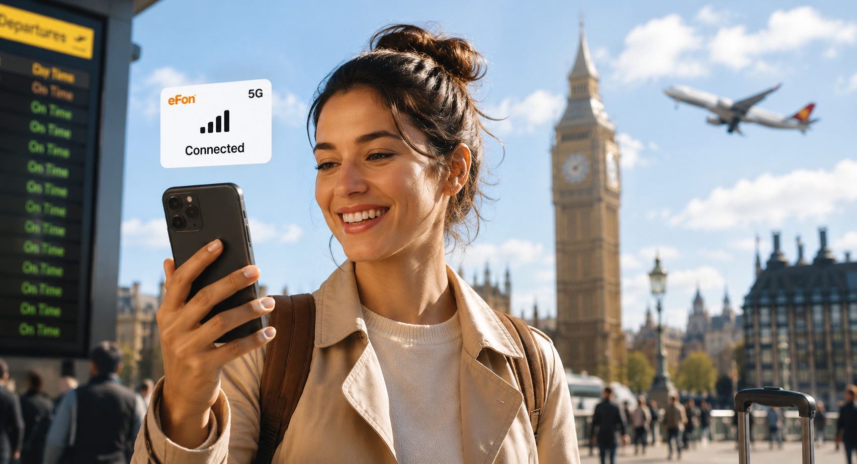 Reizigster bij Big Ben glimlacht naar haar telefoon met eFon 5G Verbonden