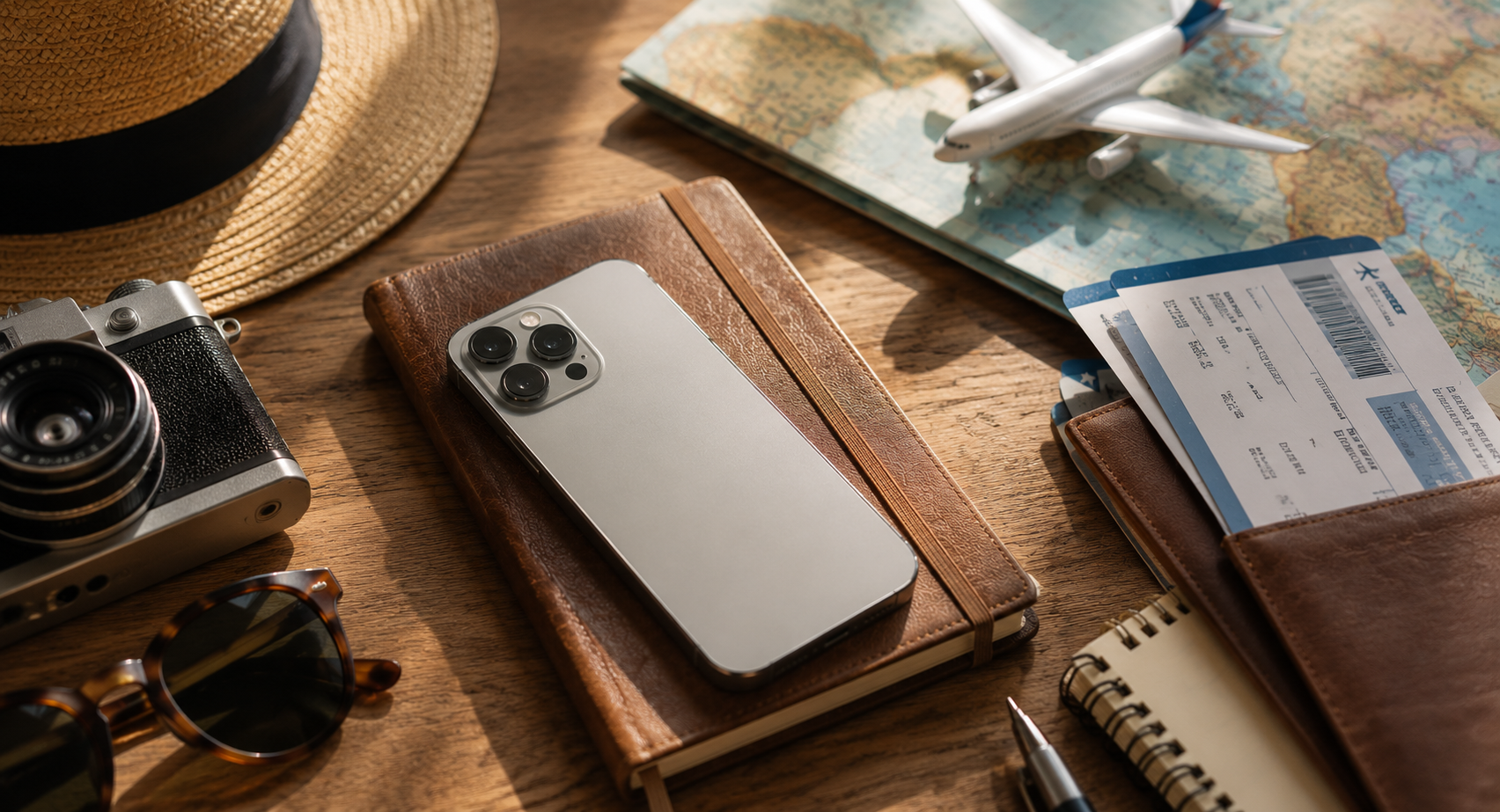 iPhone met reisdagboek, kaart, camera en instapkaarten — reisessentials