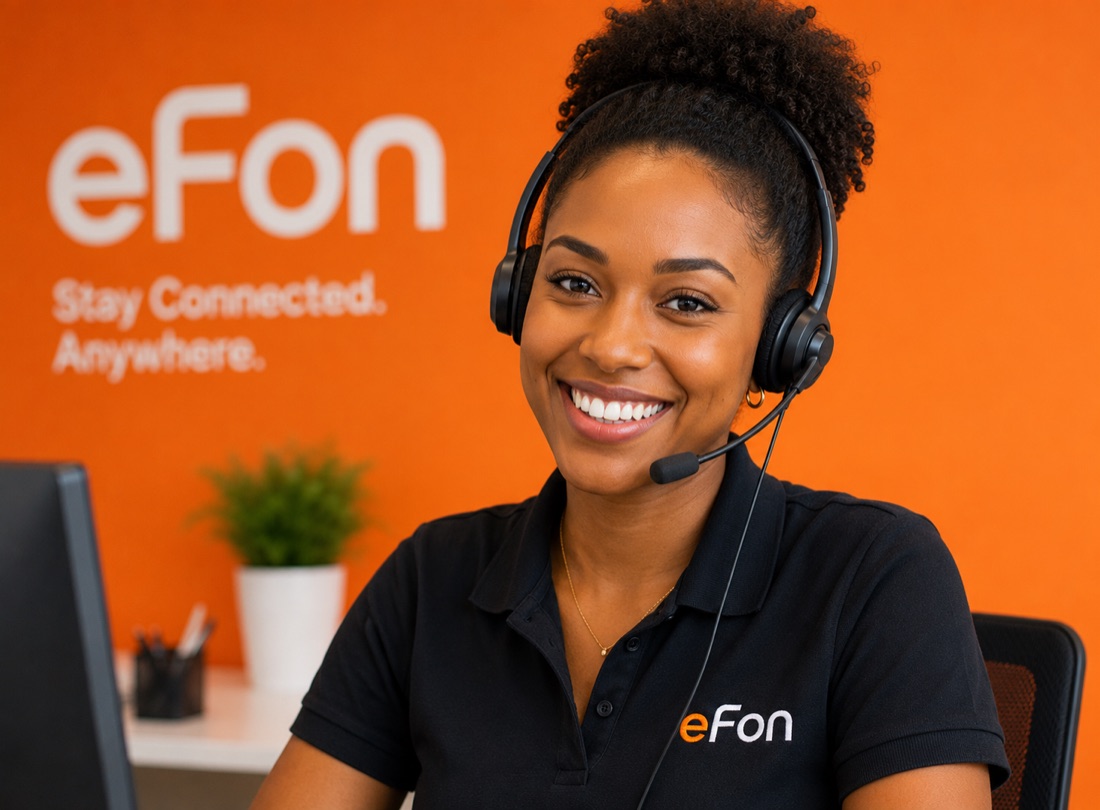 A friendly eFon support agent with a headset, ready to help